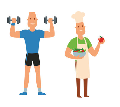 Fitness enthusiasts health activities exercising weights muscular workout gym. Healthy lifestyle food nutrition chef cooking fresh vegetables salad apple. Cartoon characters male sportsman cook