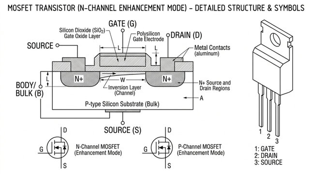 Detailed structure and symbols of an N-channel enhancement mode MOSFET transistor.