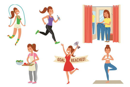 Healthy lifestyle activities athletic women exercising yoga skipping rope jogging running cooking salad chopping vegetables celebrating reaching goals trophy achievement weight loss jeans fitting