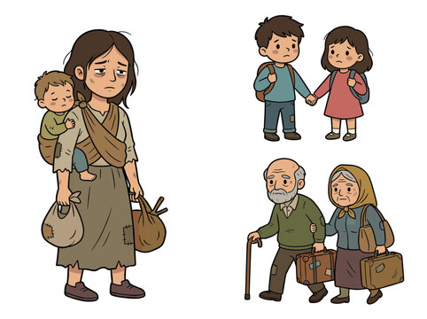 Refugee family fleeing carrying bags young mother sad child. Elderly couple walking holding suitcases worried. Children grasp hands backpacks anxious. Isolated white background cartoon refugee