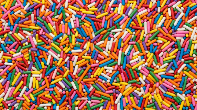 Colorful sugar sprinkles confectionery topping for birthday cake decoration and sweet bakery snack background frontal view background perfectly high resolution