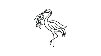 Naklejka premium Graceful Heron Bird Carrying Olive Branch in Beak, Monoline Outline on Isolated White Background
