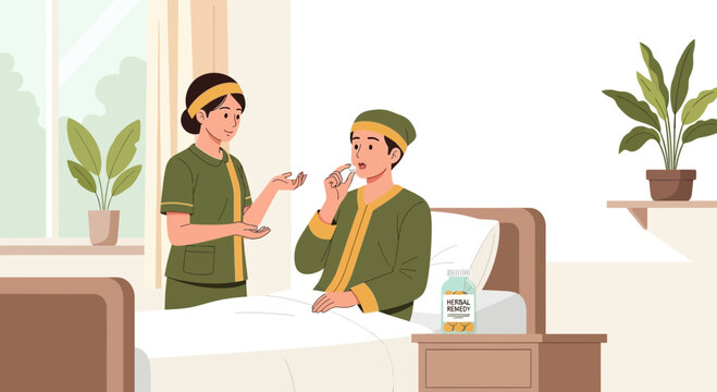 Nurse giving medication to patient in hospital bed, healthcare illustration