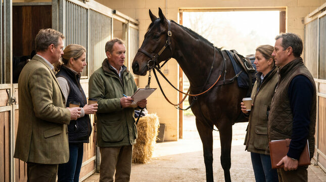 Equestrian coaches analyzing racing tactics at the horse racing stadium during Ascot festival.