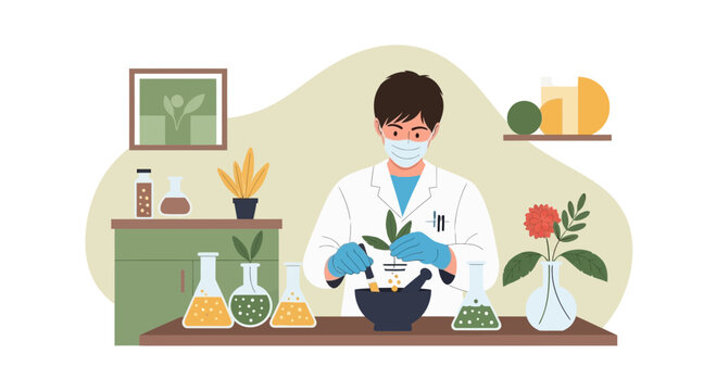 Scientist working with plants and chemicals in a laboratory, illustration