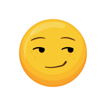 Sly and smirking yellow cartoon emoji with a clever half smile looking aside. Vector illustration of a confident tricky facial expression isolated on white.