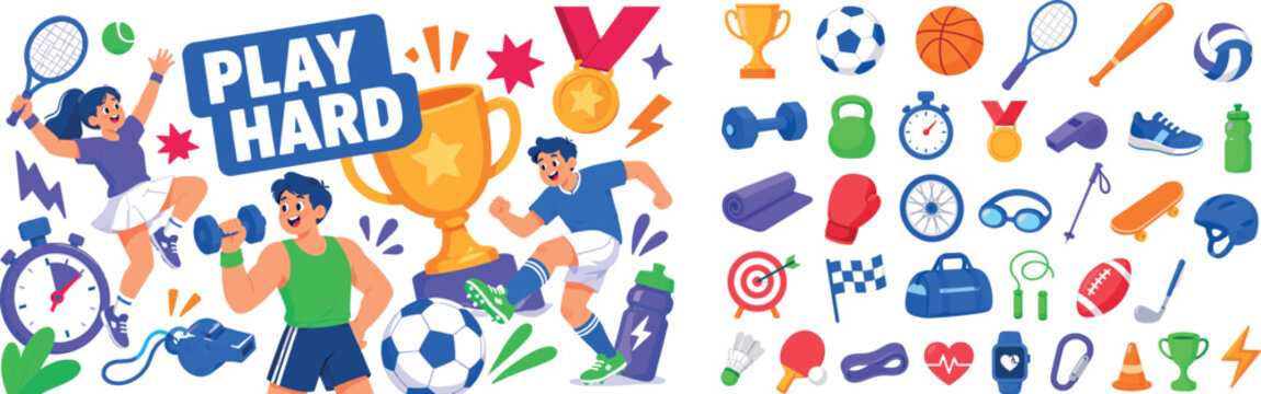 Sport Fitness Activity banner scene with three energetic athletes interacting around oversized trophy and giant sport ball, one jumping with racket, one lifting dumbbell, one kicking soccer ball,