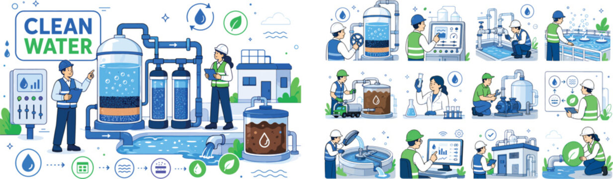 Water Treatment Facility. Clean editorial banner scene about industrial water purification with two geometric engineers inspecting an oversized filtration tank and pipe system, aeration bubbles,