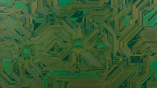 Green electronic circuit board motherboard texture for high tech computing and digital technology engineering frontal view background perfectly high resolution