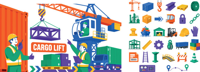Naklejka premium Container Crane Logistics banner with two dock workers and one crane operator guiding oversized shipping containers and a giant construction crane across the full canvas, orange container touching