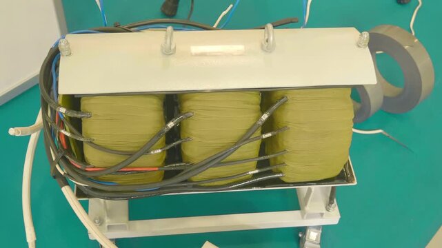A huge, powerful mobile three-phase toroidal transformer in rack with wheels is on display at the exhibition. Closeup. Shot in motion