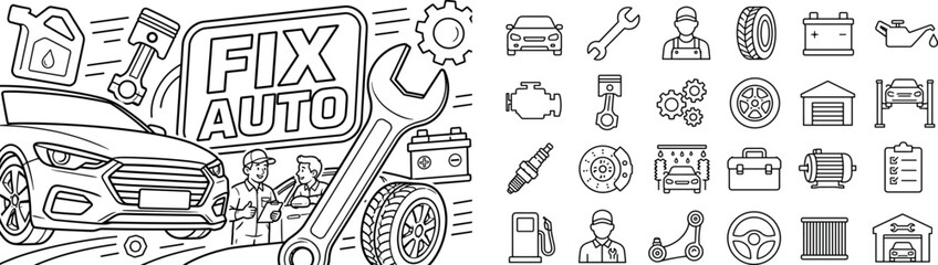 Fototapeta premium Auto Service Repair. Clean outline banner composition with oversized car front and wrench as the main objects filling left and right edges, 2 characters maximum including mechanic and driver,