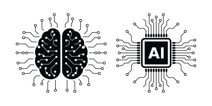 AI Brain Circuit Technology Design: A futuristic human brain illustration merged with electronic circuitry and an AI processor chip. artificial intelligence, neural network, digital brain.