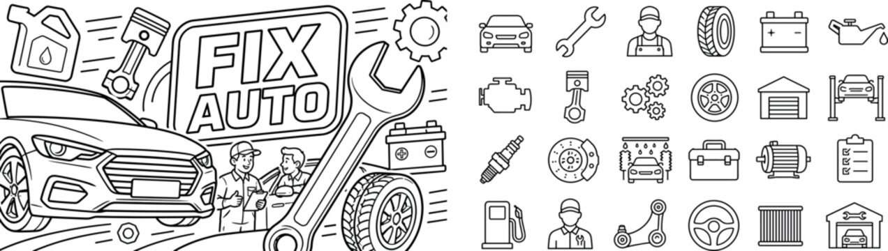 Auto Service Repair. Clean outline banner composition with oversized car front and wrench as the main objects filling left and right edges, 2 characters maximum including mechanic and driver,