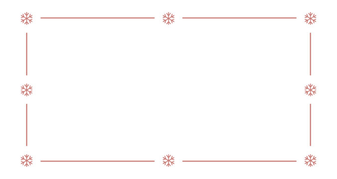 Decorative Snowflake Border Frame: Elegant rectangular line border with symmetrical snowflake ornaments in a soft rose pink tone. winter frame, decorative border, festive design, ornamental outline.