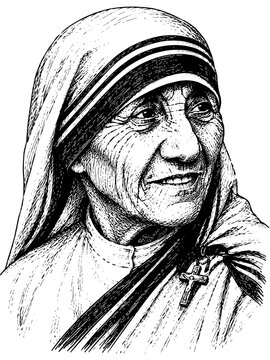 Mother Teresa Hand-Drawn Ink Vector Portrait Illustration Isolated on Transparent Background
