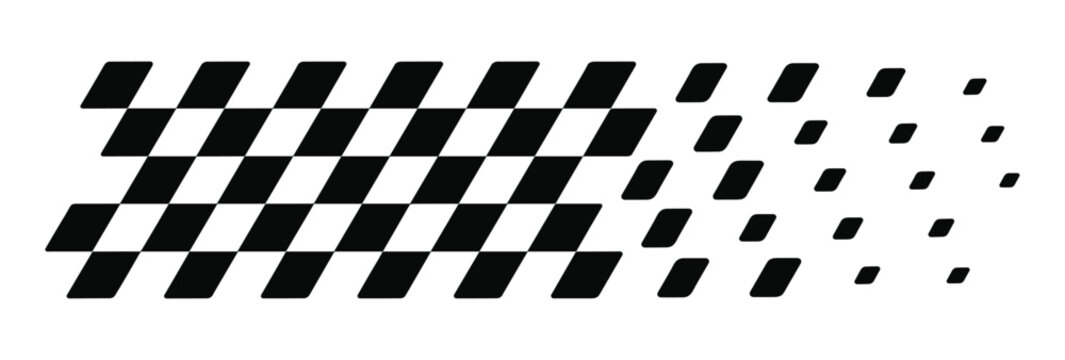 Checkered Flag Pixel Transition: A racing inspired checkered flag pattern dissolving into scattered geometric squares. motorsport design, abstract transition, speed concept, black and white pattern.