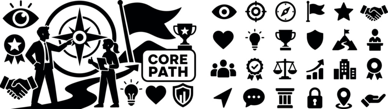 Vision Mission Values. Wide banner with a leader and team member around an oversized target compass and giant flag, eye symbol, star badge, handshake, lightbulb, heart, pathway arrow, trophy and