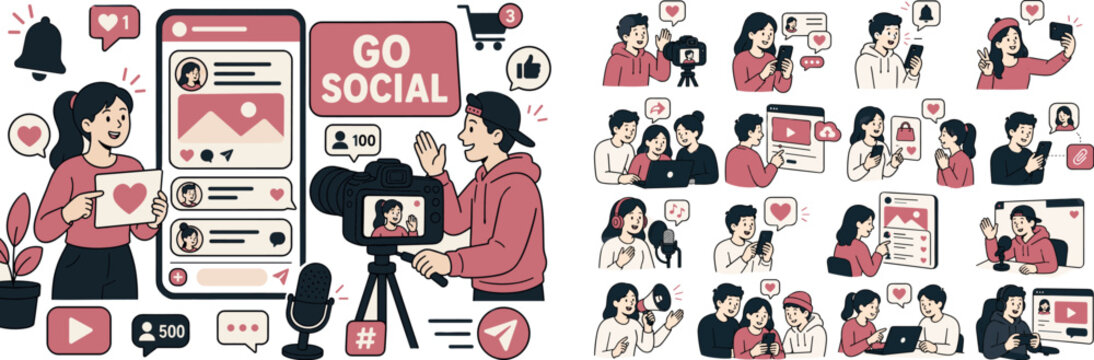 Social Media Engagement banner, clean focused social media scene with two creators beside a large oversized chat feed screen and a large camera device, one character recording content, one character