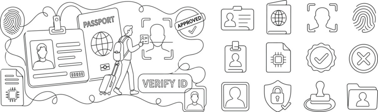 Identity Access Card. Clean one-line drawing banner with one traveler presenting a giant ID card and passport beside a face scan frame, oversized ID badge and passport as the main objects, small