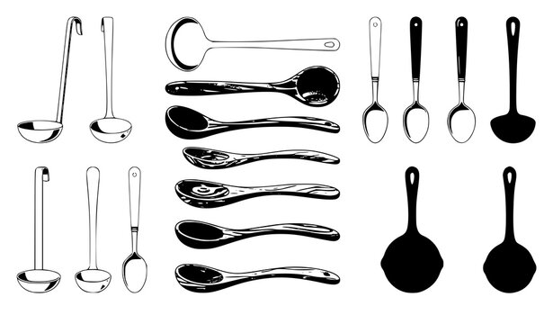 Different ladles collection vector illustration kitchen serving utensil set isolated on white background