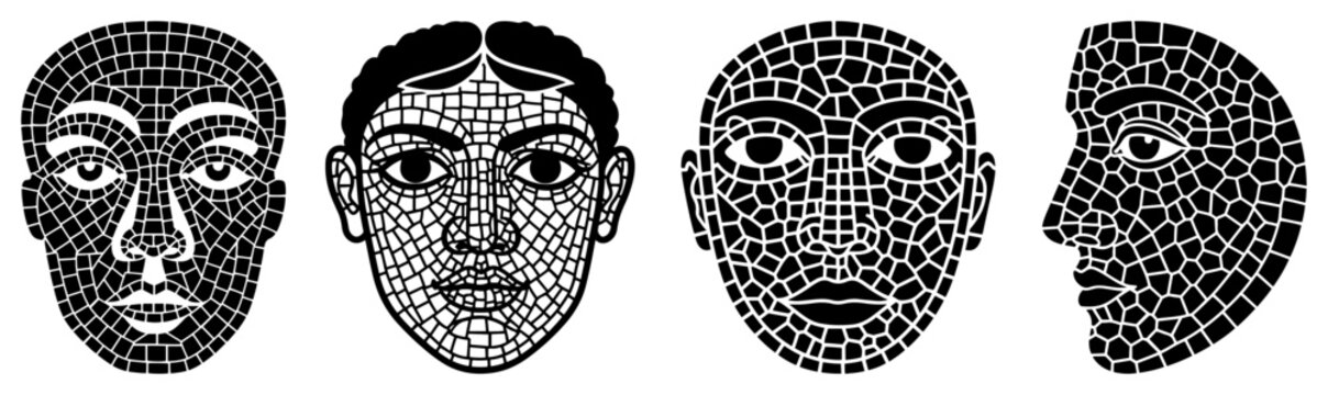 Human faces depicted in a decorative mosaic tile pattern style from different angles