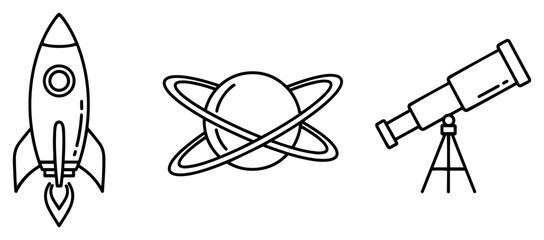 Rocket ship planet and telescope icons in modern line art style © Logan
