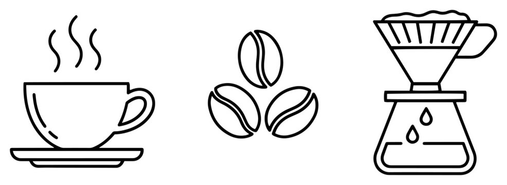 Coffee cup beans and pour over dripper icons in modern line art style