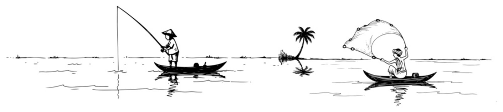 Fishermen in small boats catching fish with rod and net in calm water sketch style