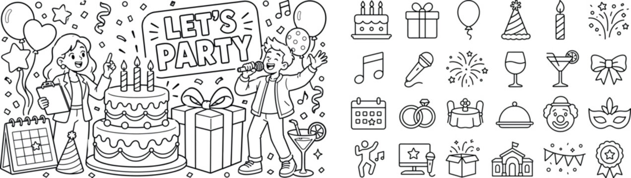 Party Event Celebration. Clean outline line art banner of festive party planning scene with 2 characters, organizer and singer around oversized birthday cake and gift box, balloons, confetti,
