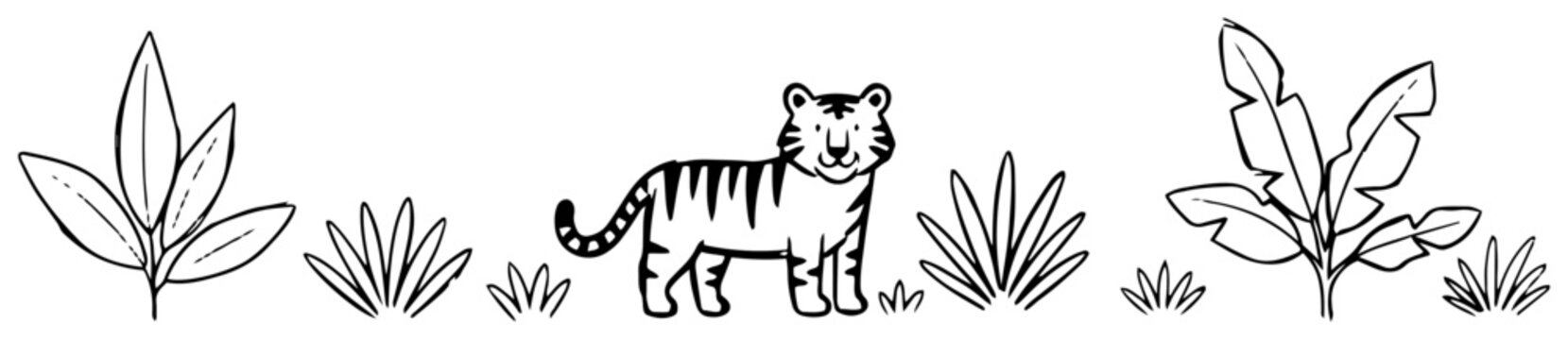 Tiger walking through jungle grass and tropical plants in simple line art style