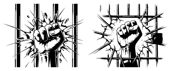 Raised fist breaking through metal prison bars representing freedom and rebellion in graphic sketch style © Logan