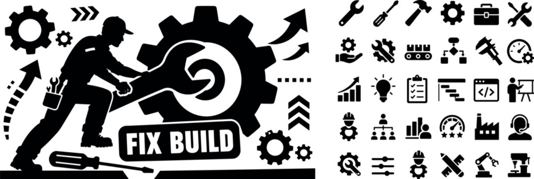 Workshop Tools Production Banner. Clean solid banner with one character repairing and oversized wrench and gear, elements fill all edges, large tools dominate, small details like screwdriver, cog,