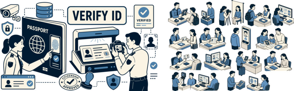 Passport ID Verification banner, clean focused identity document scene with two verification officers beside a large oversized passport and a large ID card scanner, one character checking biometric
