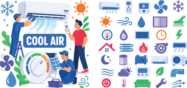 Air Conditioning Climate Comfort banner scene with two cheerful technicians and one homeowner interacting around oversized wall air conditioner and giant thermostat dial, one adjusting airflow fins,