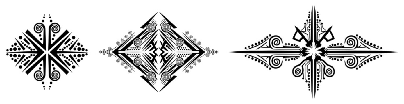 Geometric tribal ornaments featuring intricate line art and dot patterns in decorative set style
