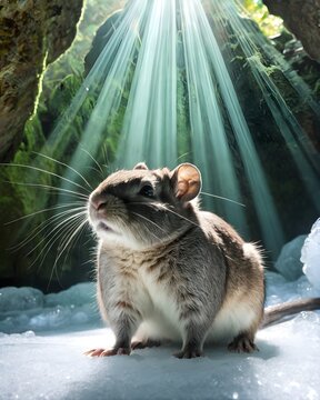 An   viscacha rat  genetic hybrid experiment  fantasy animal, fictional species  in a frozen crystal cave