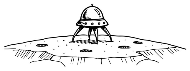 UFO landing on moon surface with craters in hand drawn doodle style © Logan