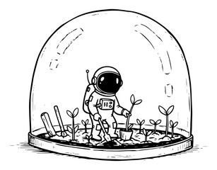 Astronaut planting seedlings inside protective glass dome in hand drawn doodle style © Logan