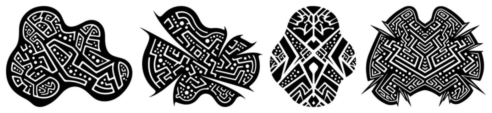 Abstract shapes with intricate maze and circuit patterns in tribal ethnic style