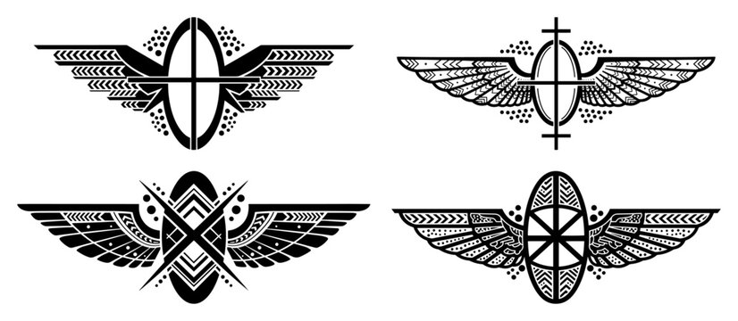 Winged shield emblems and insignia in intricate tribal geometric style