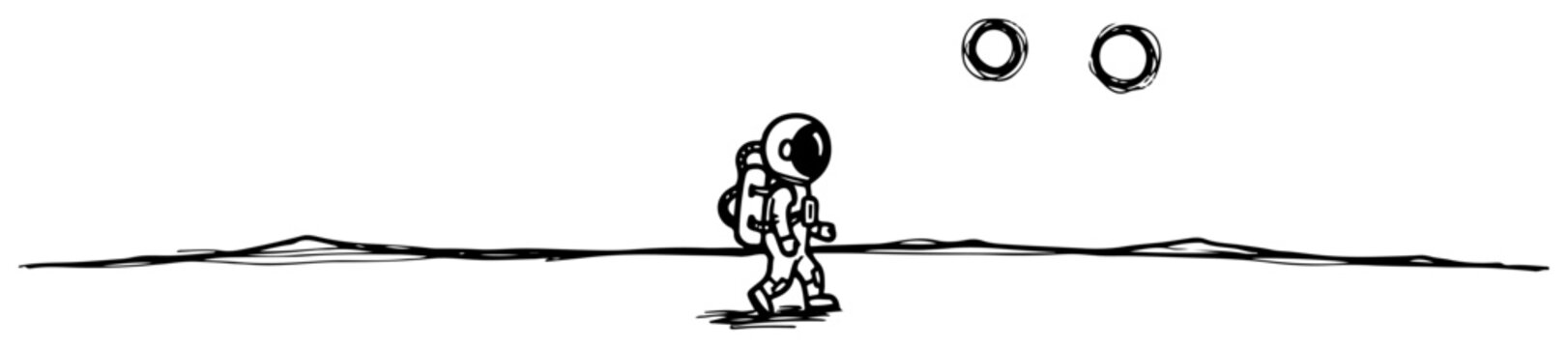Astronaut walking on alien planet surface under two suns in hand drawn doodle style
