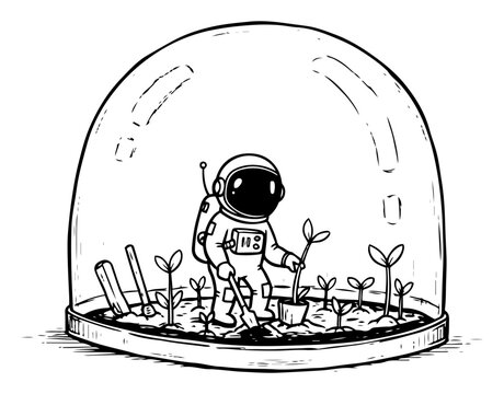 Astronaut planting seedlings inside protective glass dome in hand drawn doodle style