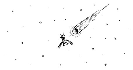 Satellite orbiting a flying comet in deep space among stars minimalist doodle style © Logan