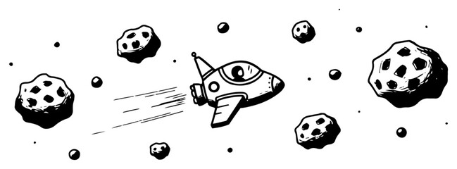 Rocket ship flying through asteroid belt in outer space sketch style © Logan
