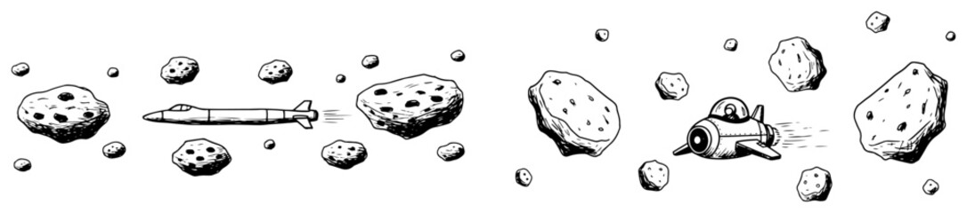 Space ships and rocket flying through asteroid field horizontal sketch style © Logan