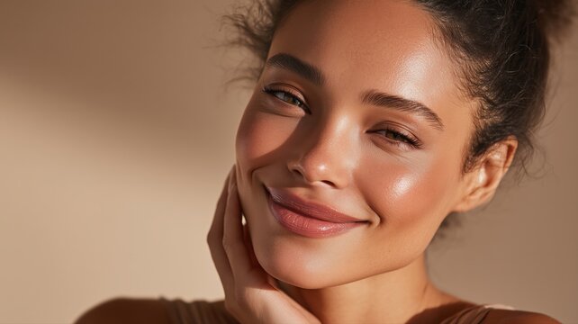 笑顔の女性の顔がアップで写っている。美容やスキンケア、健康的な肌のイメージに使える素材。