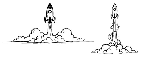 Rocket ship launching into space with smoke clouds in minimalist line art style © Logan