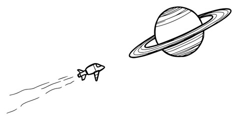 Rocket ship flying towards ringed planet in deep space in minimalist line art style © Logan
