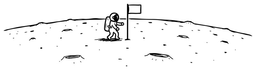 Astronaut walking on moon surface with flag and craters in hand drawn doodle style © Logan